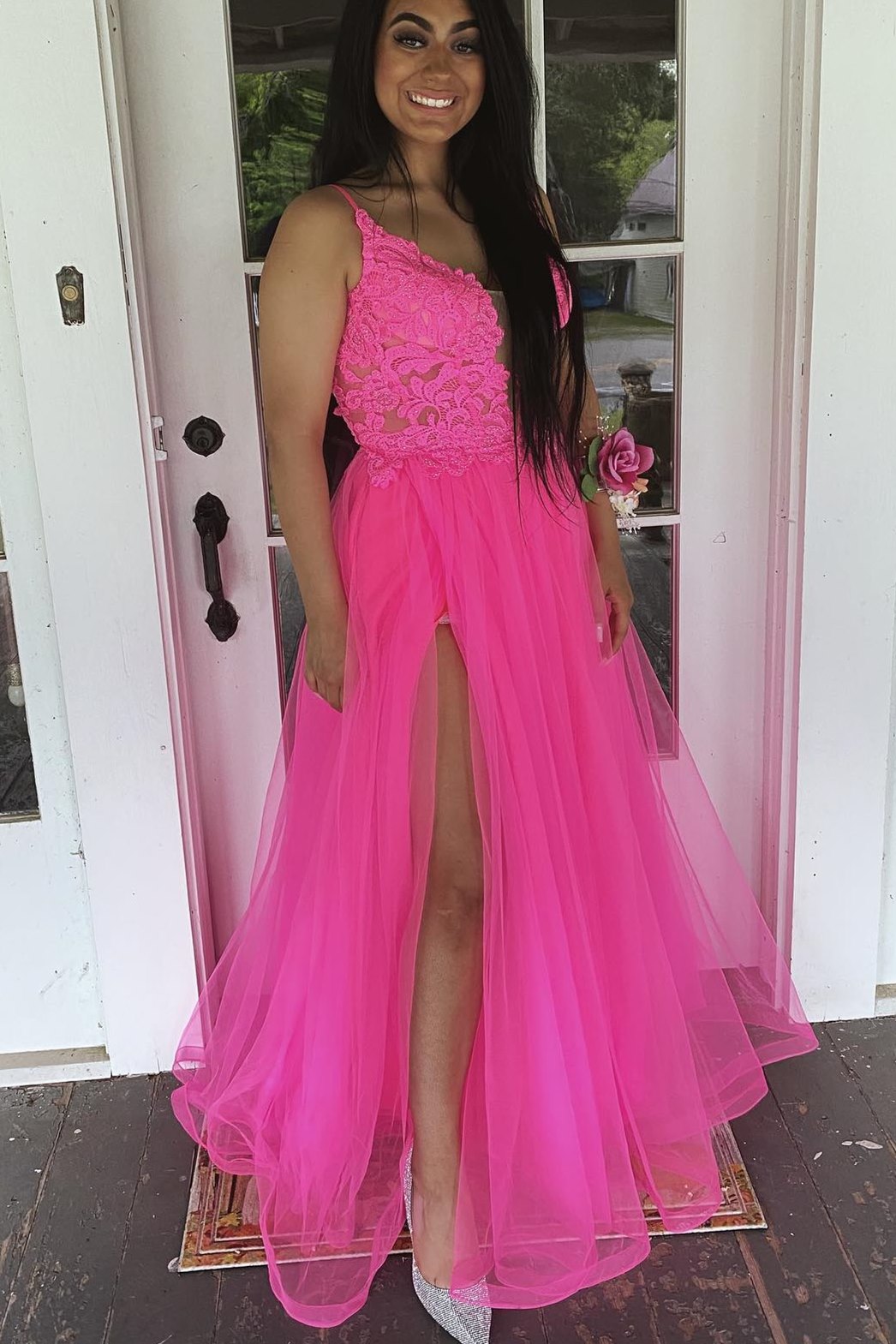 DDreamdressy Hot Pink Princess A-Line Lace and Tulle Prom Dress Hot Pink / Custom Size