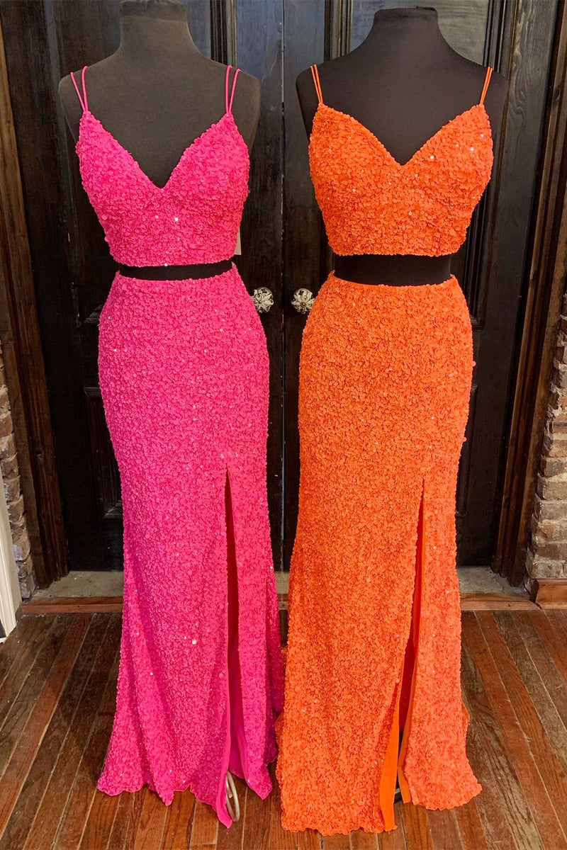 Two Piece Hot Pink Sequins Mermaid Long Prom Dress