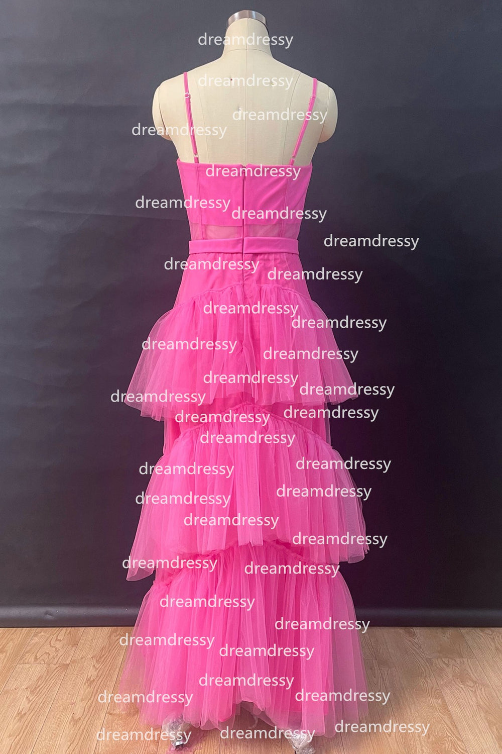 Pink Straps A-Line Tulle Tiered Long Party Dress, DP2054