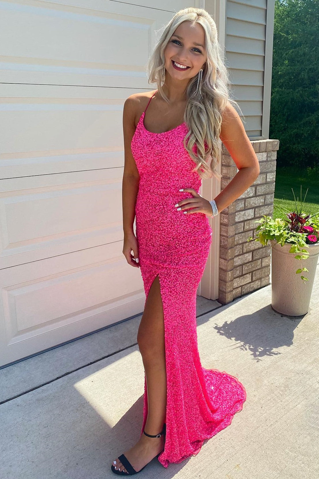 Glitters Hot Pink Mermaid Long Prom Dress with Slit – Dreamdressy