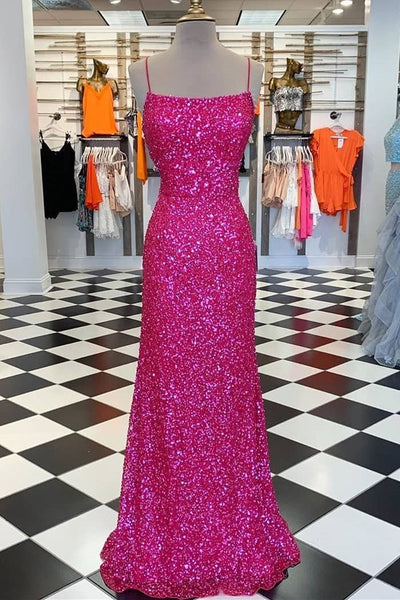 Neon Pink Sequin Mermaid Long Formal Dress – Dreamdressy