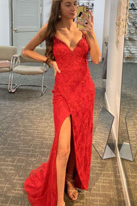 Gorgeous Mermaid Red Lace Long Prom Dress with Slit