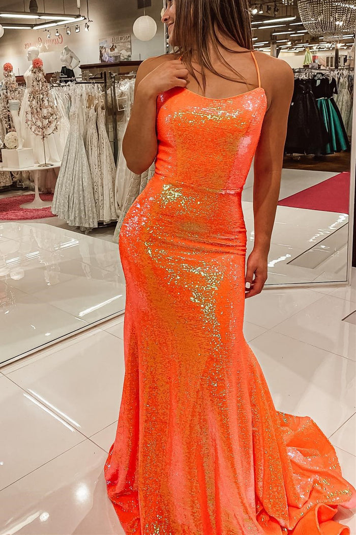 Spaghetti Straps Orange Mermaid Long Formal Dress