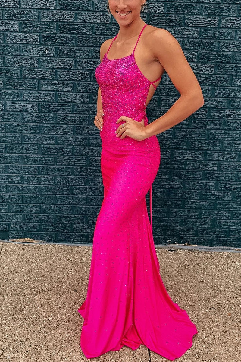 Neon Pink Beaded Mermaid Long Prom Dress