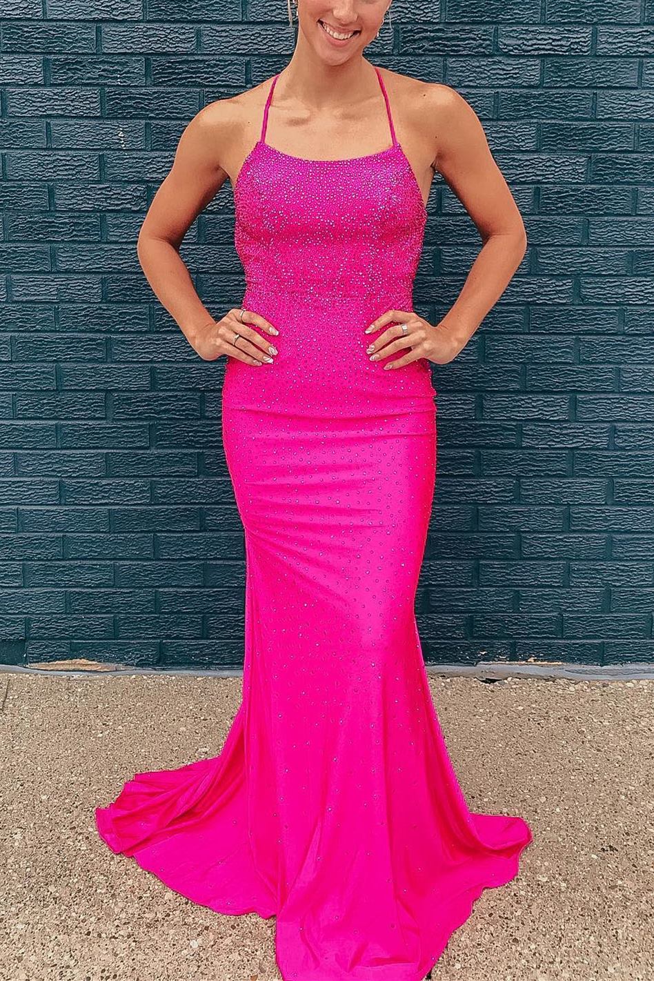 Neon Pink Beaded Mermaid Long Prom Dress