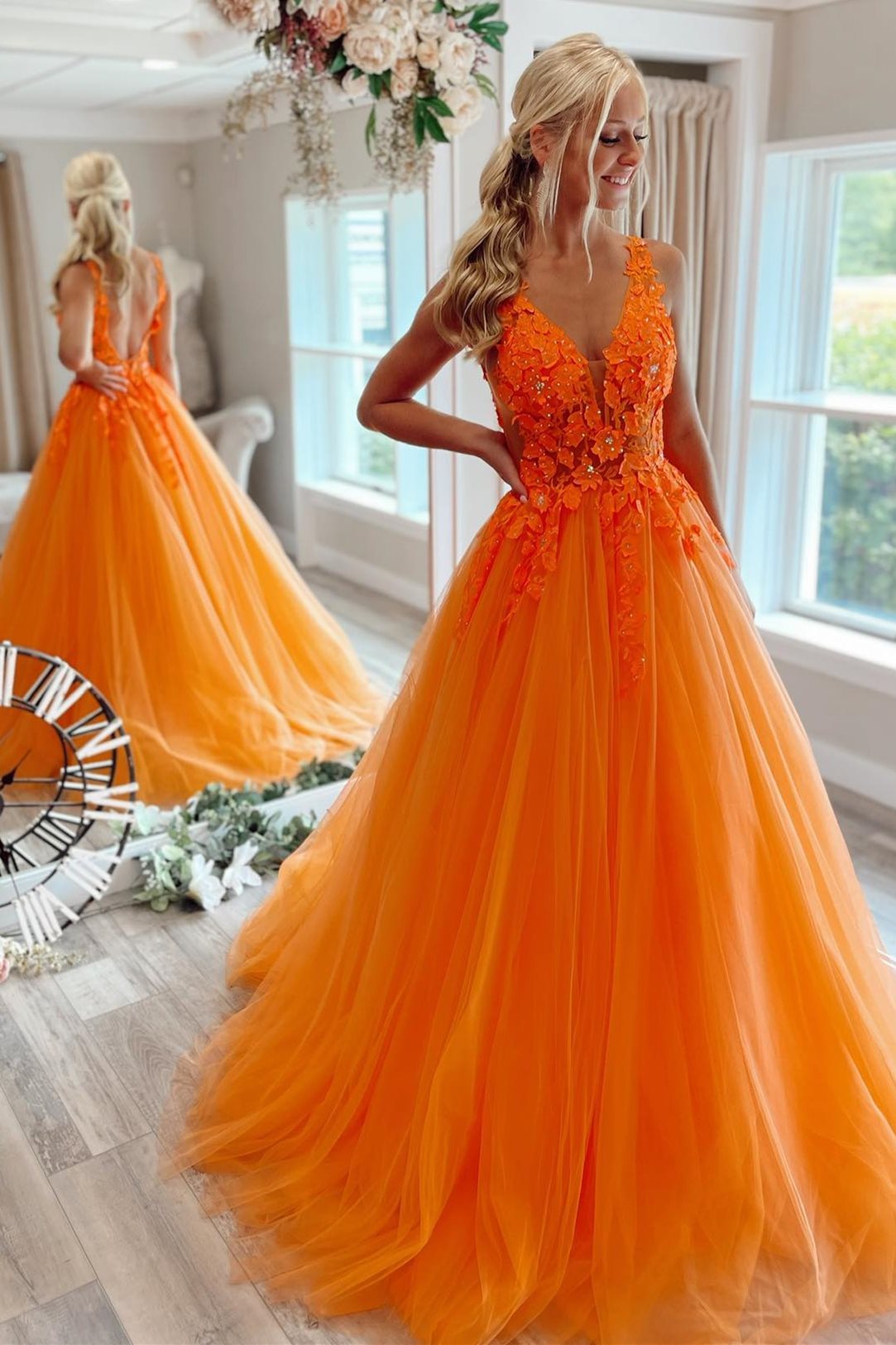 Shiny V Neck Backless Orange Long Prom Dresses, V Neck Orange Formal D –  Shiny Party