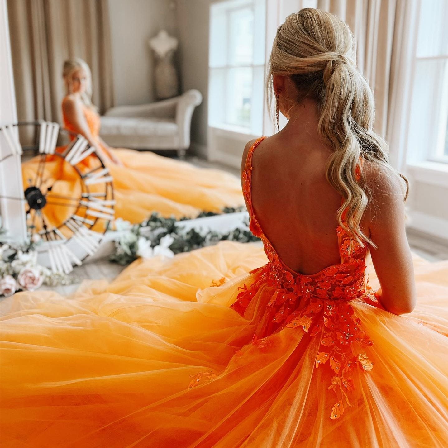 Ladivine CD0220 Size 4 Orange Sheer Sequin Corset Prom Dress Beaded Sc –  Glass Slipper Formals