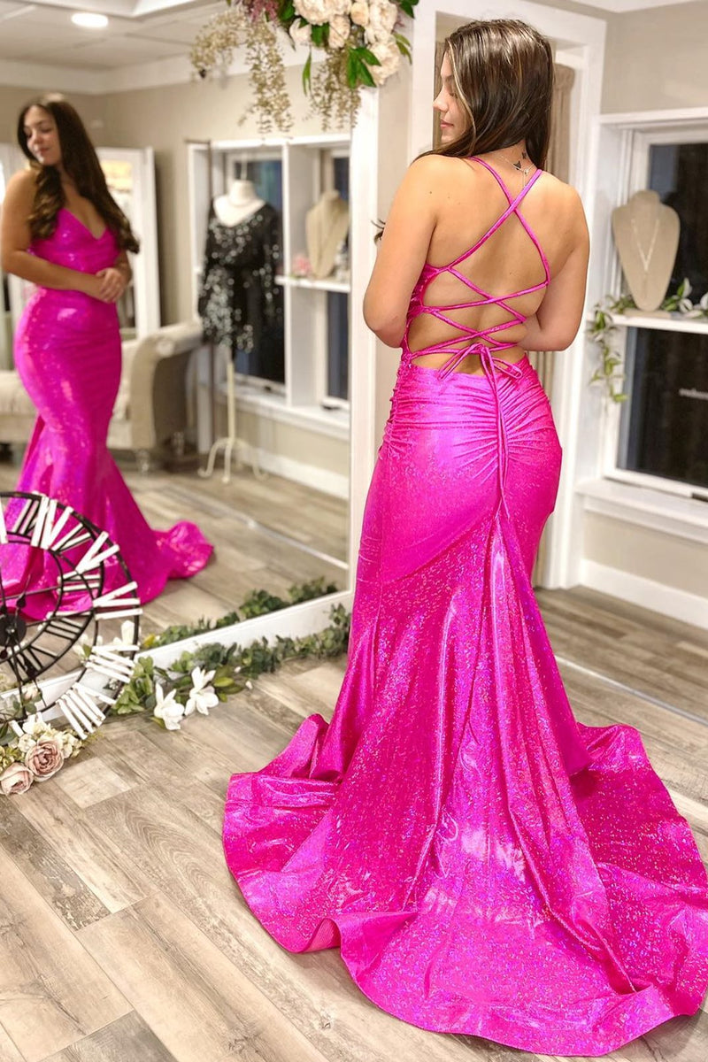 Neon Pink Spaghetti Straps Mermaid Long Prom Dress