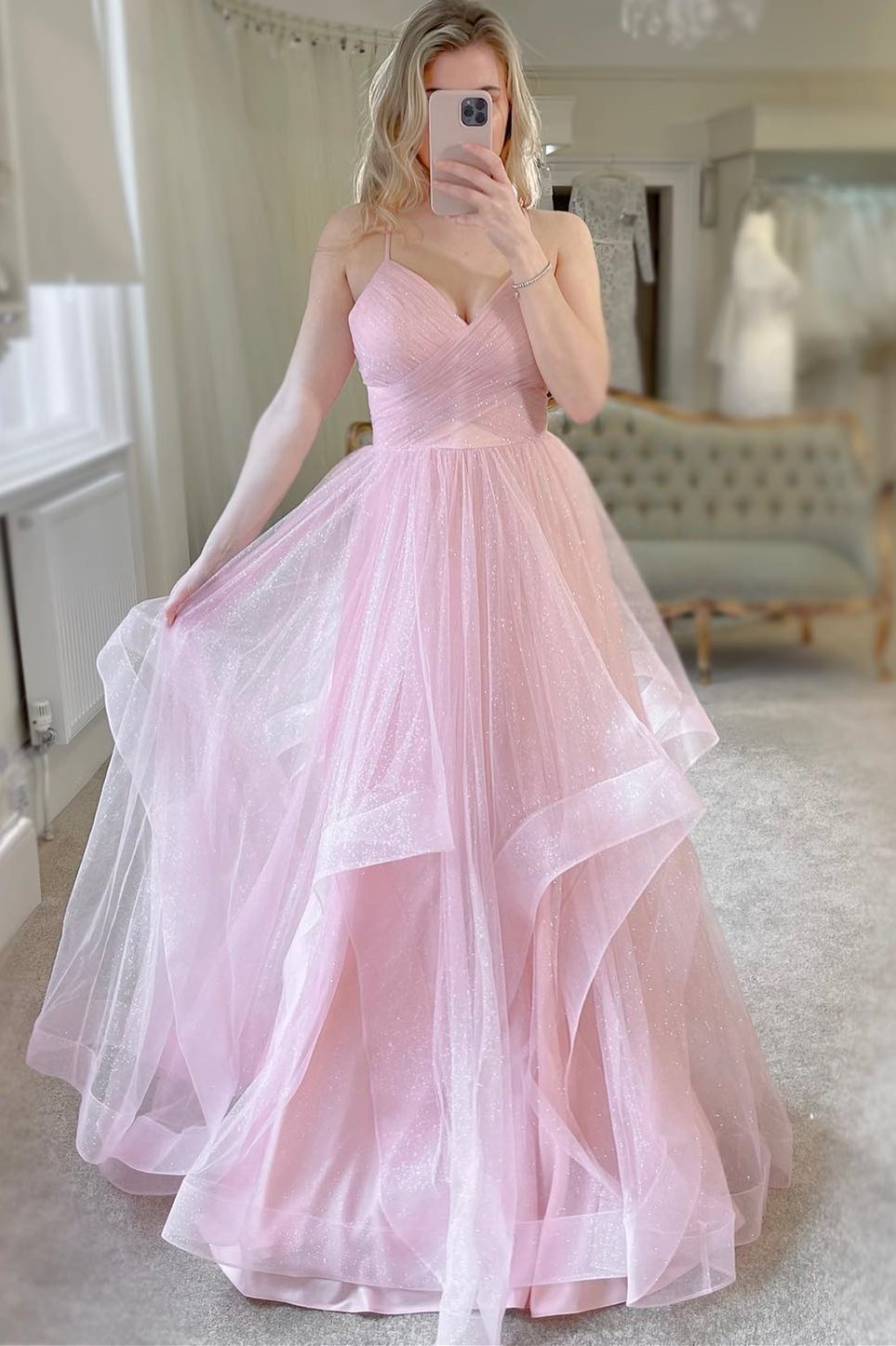 Vampal Light Pink A-Line V-Neck Ruched Spaghetti Straps Tulle Prom Dresses