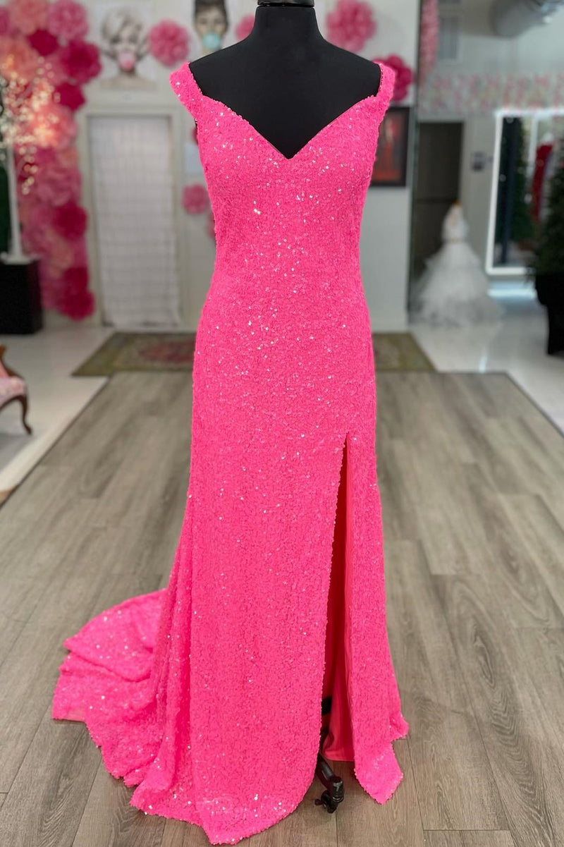 Modest Hot Pink Sequin Mermaid Side Slit Formal Dress