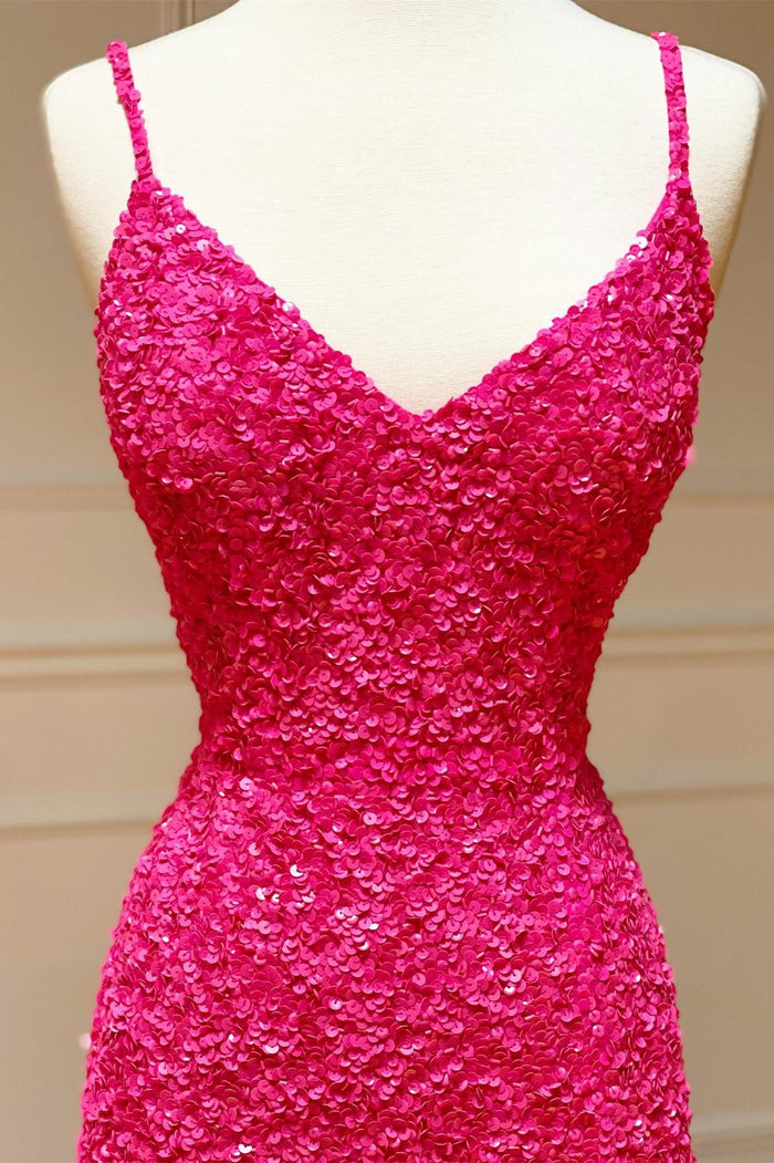 Hot Pink Sequin Spaghetti Straps Mermaid Prom Dress