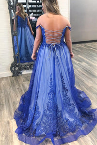 Royal Blue Off the Shoulder Appliques Tulle Formal Dress
