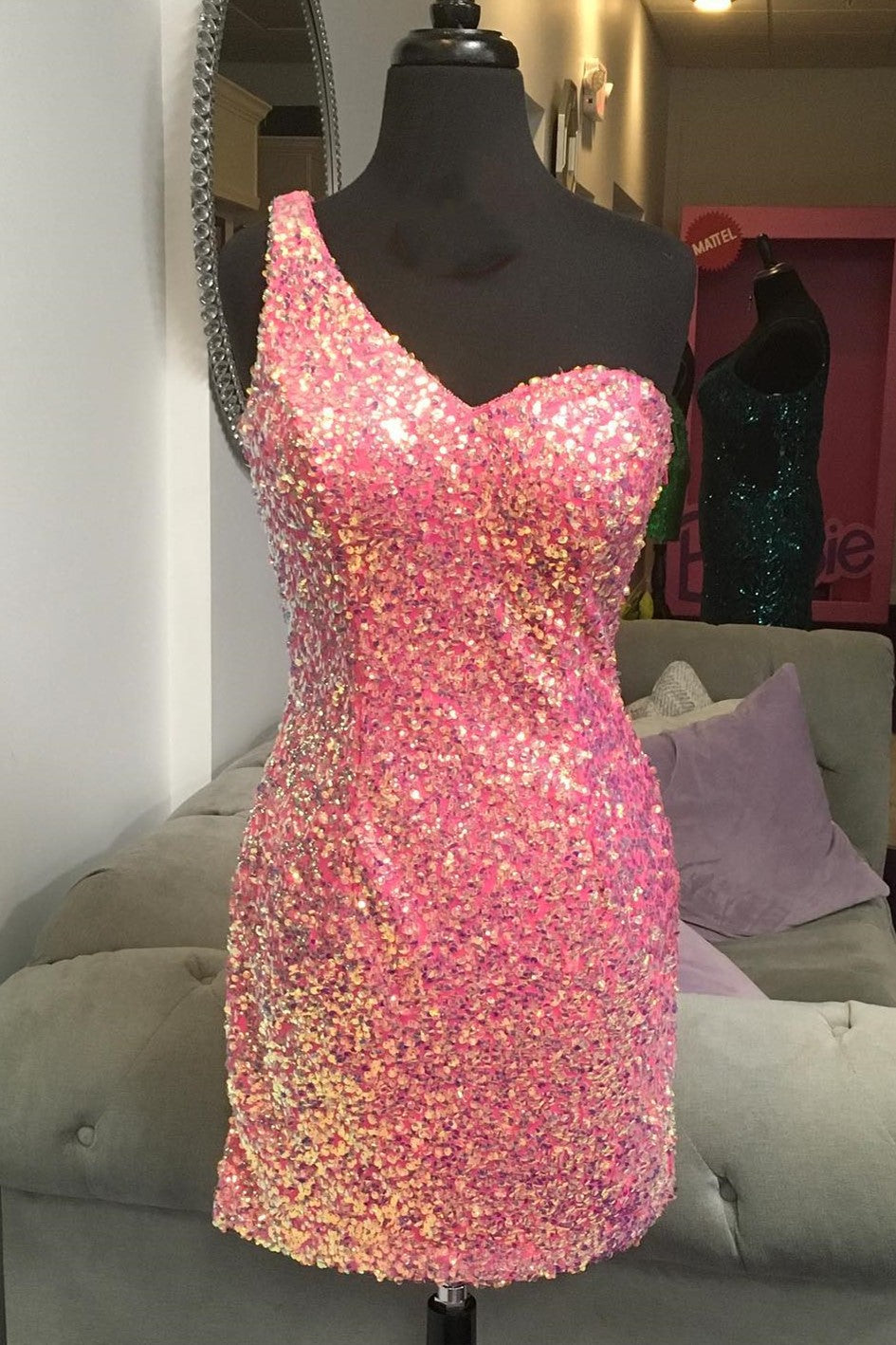 Hot Pink Glitter-Print Long Mermaid Prom Dress