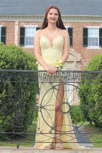 Yellow Glitter Mermaid Long Prom Dress with Slit