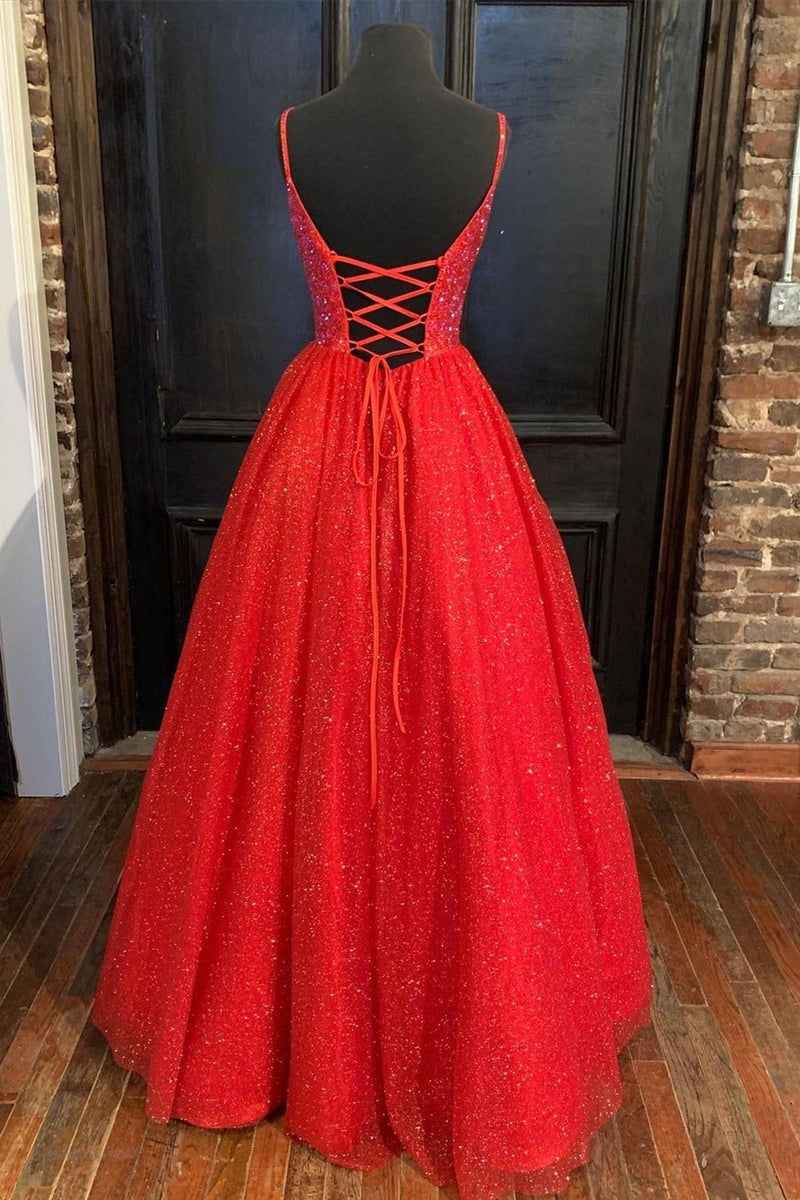 Sraps A-line Red Shiny Tulle Prom Gown