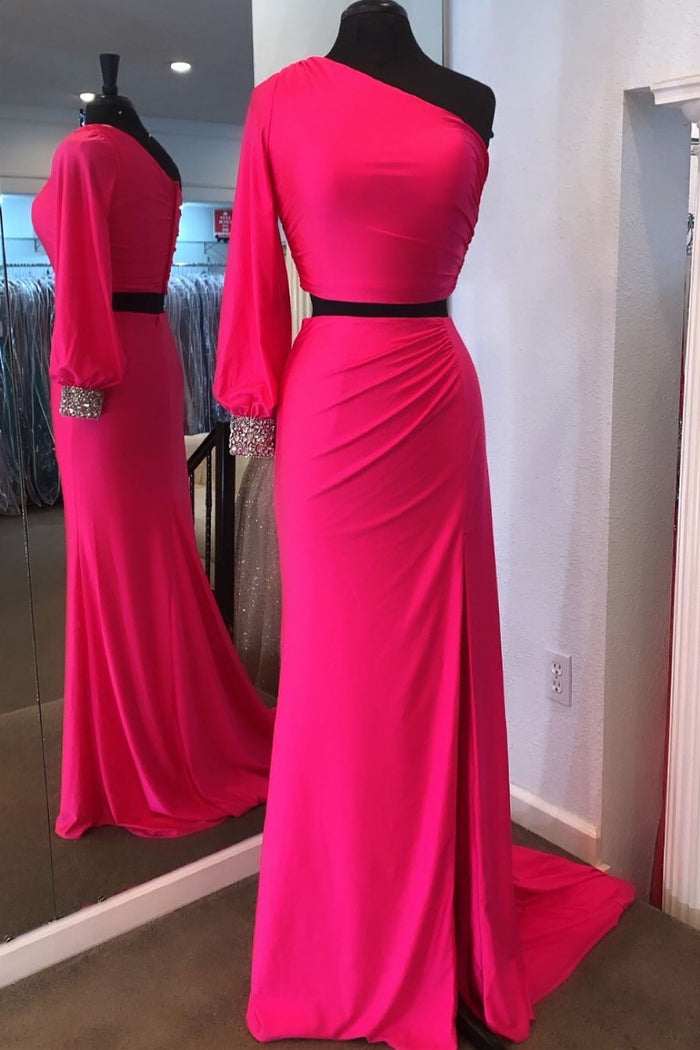 Two Piece Neon Pink One Sleeve Formal Dress