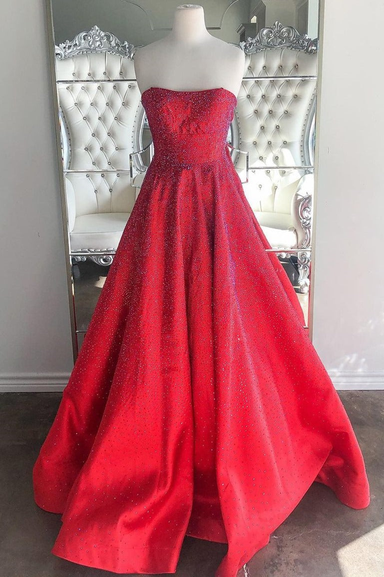 Strapless Red A-line Stunning Long Prom Gown