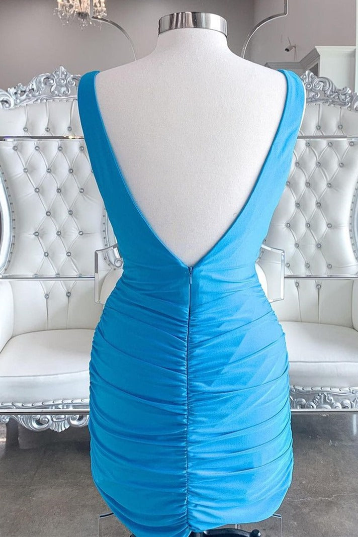 Simple Blue V Neck Bodycon Mini Dress