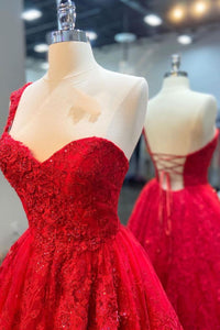 One Shoulder Red A-line Appliques Tulle Formal Gown