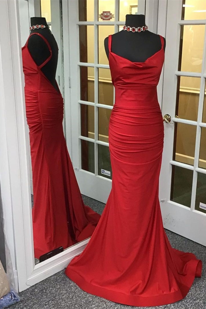 Mermaid Red Cowl Neck Long Prom Dress