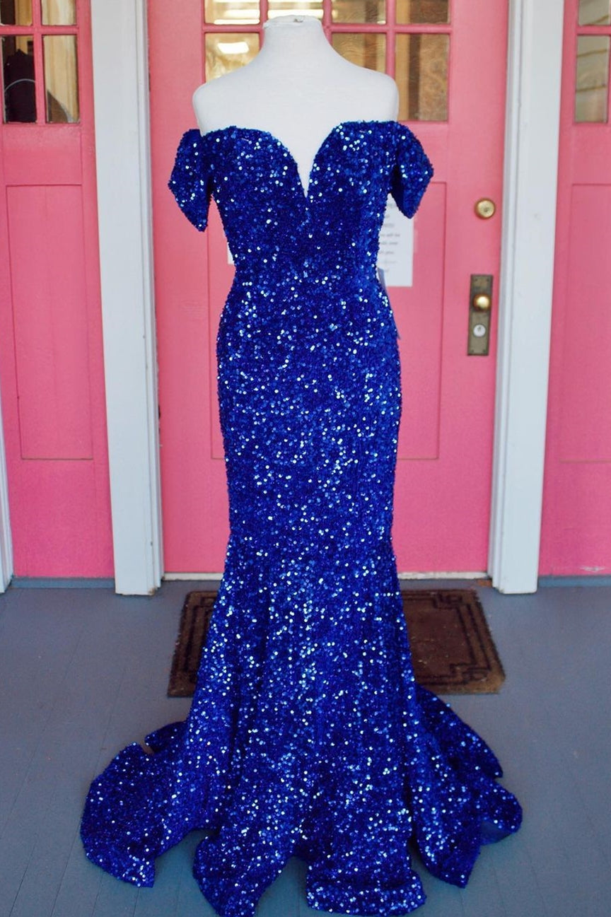 Off the Shoulder Royal Blue Sequins Mermaid Long Formal Dress