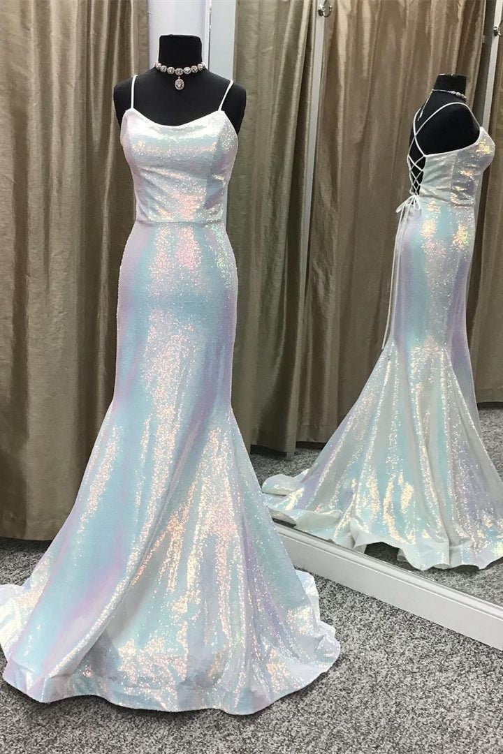 Shiny Spaghetti Straps Mermaid Sequin Long Prom Dress