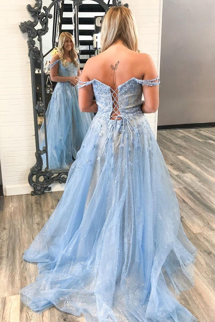 Off the Shoulder Light Blue Appliques Tulle Long Prom Gown