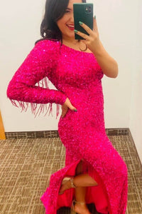 One Sleeve Neon Pinl Sequin Mermaid Tassel Long Prom Dress