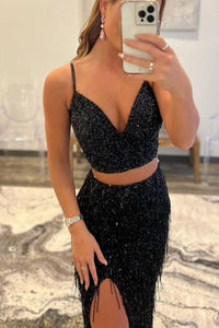 Two Piece Black Sequin Mermaid Tassle Long Prom Gown