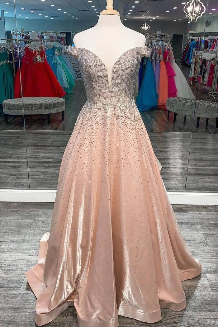 Off the Shoulder Beaded Satin Long Prom Gown