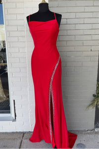 Gorgeous Red Spaghetti Straps Mermaid Long Formal Dress with Sit
