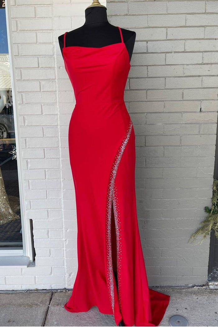 Gorgeous Red Spaghetti Straps Mermaid Long Formal Dress with Sit