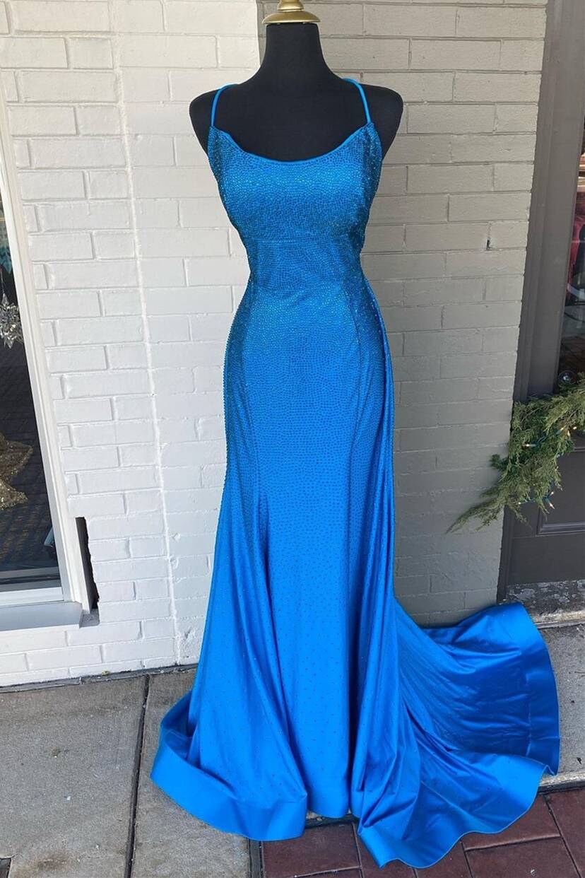 Blue Beaded Mermaid Straps Long Formal Dress