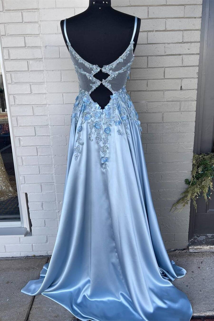 Light Blue A-line 3D Flowers Satin Long Prom Dress