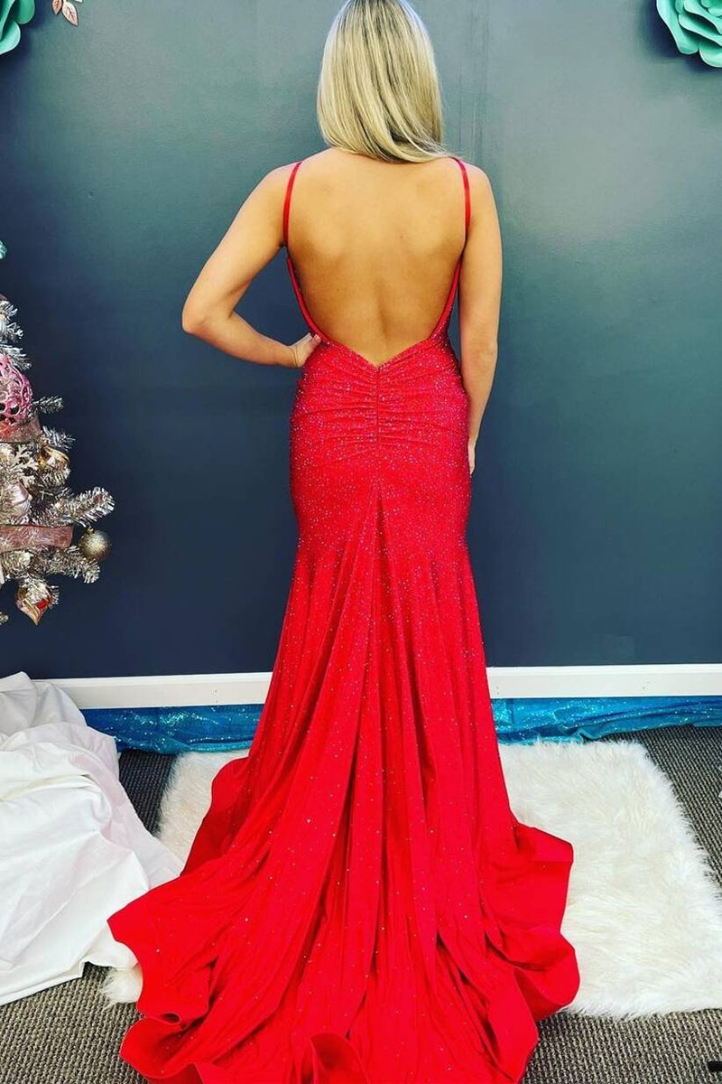 Elegant Red Beaded Mermaid Long Prom Dress with Slit