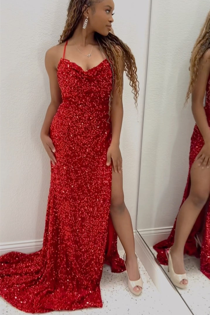 Red Sequin Mermaid Side Slit Long Formal Dress
