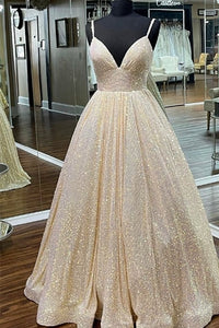 Champagne Sequin Empire A-line Long Prom Dress