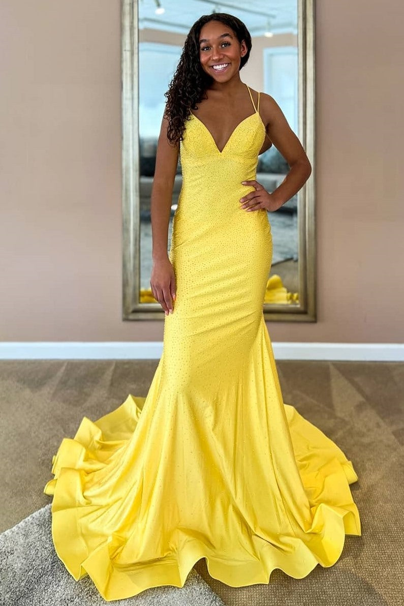 Empire Yellow Beaded Mermaid Long Formal Dress