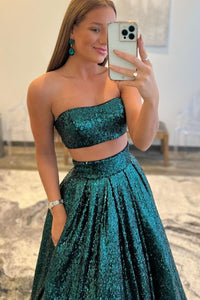 Sexy Two Piece Green Sequins A-line Long Formal Gown