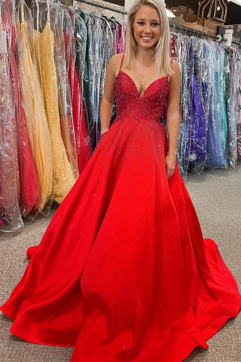 Spaghetti Straps Red Satin Beaded A-line Long Formal Gown