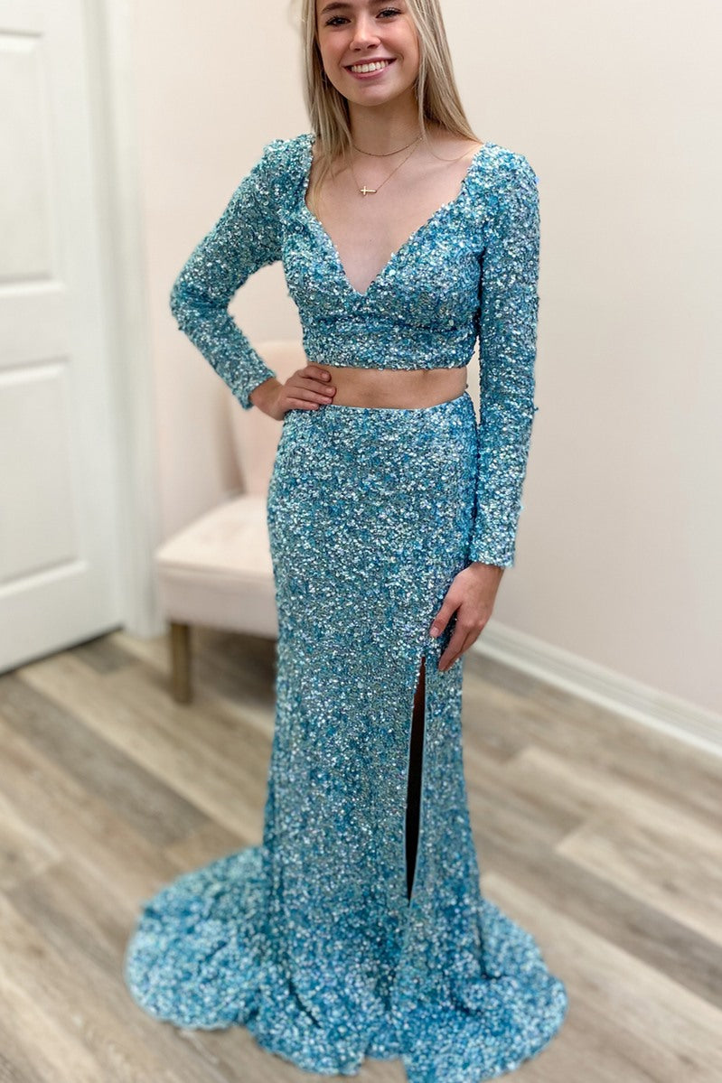 Two Piece Light Blue Sequins Long Sleeves Prom Dress