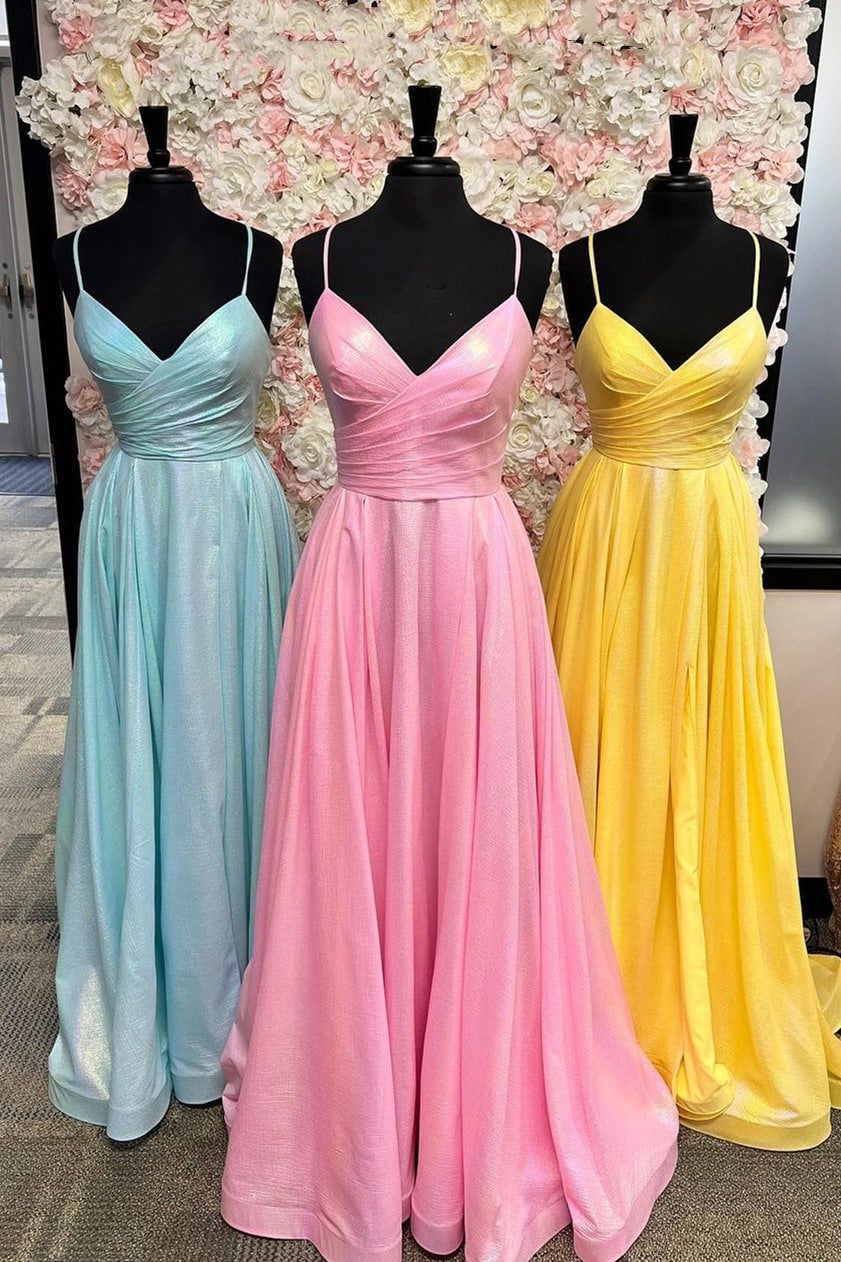 Simple A-line Pleated Spaghetti Straps Long Prom Dress