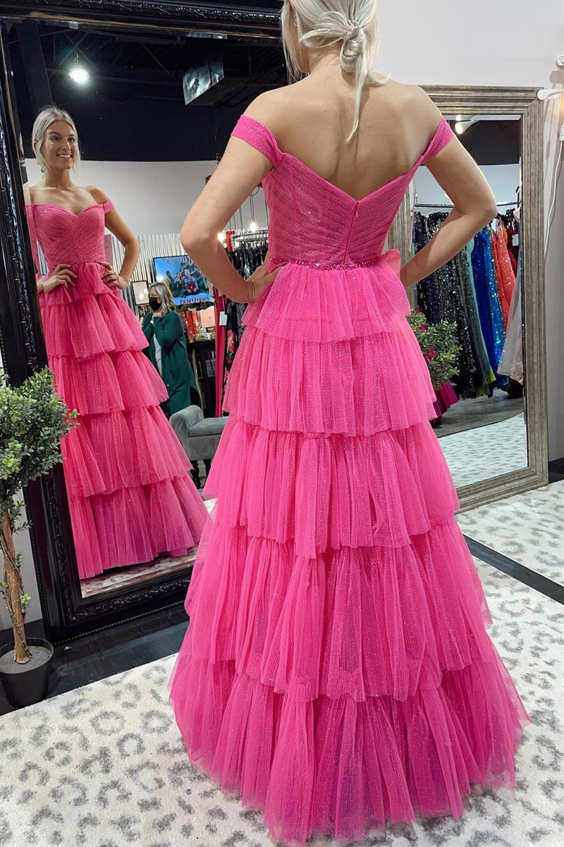 Hot Pink Pleated Off the Shoulder Tiered Long Formal Dress