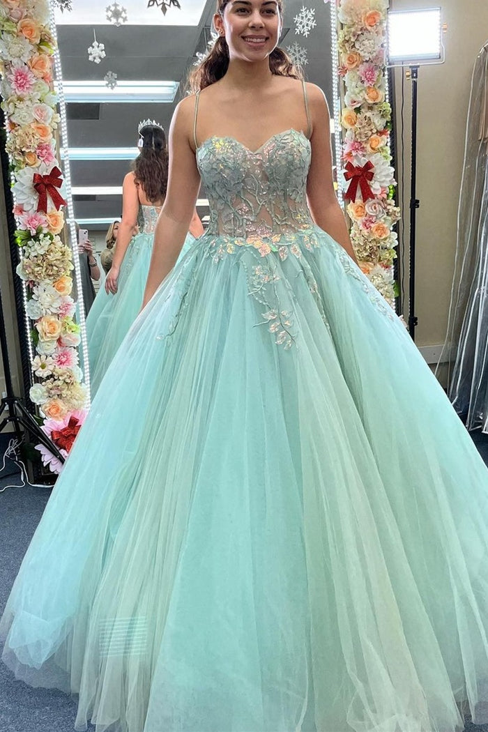 Straps Sage Green Tulle Floral Embroidery Long Prom Gown