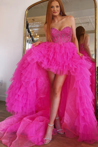 Hot Pink High Low Beaded Long Prom Gown