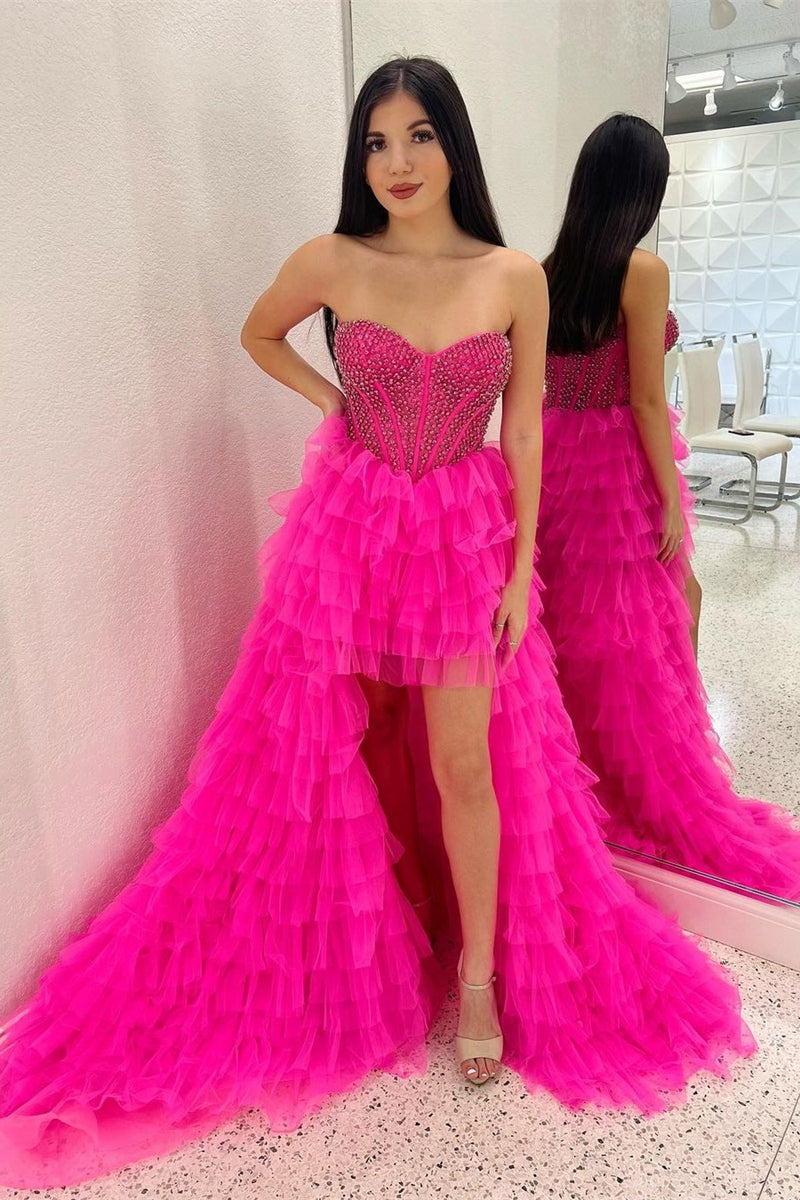Hot Pink High Low Beaded Long Prom Gown