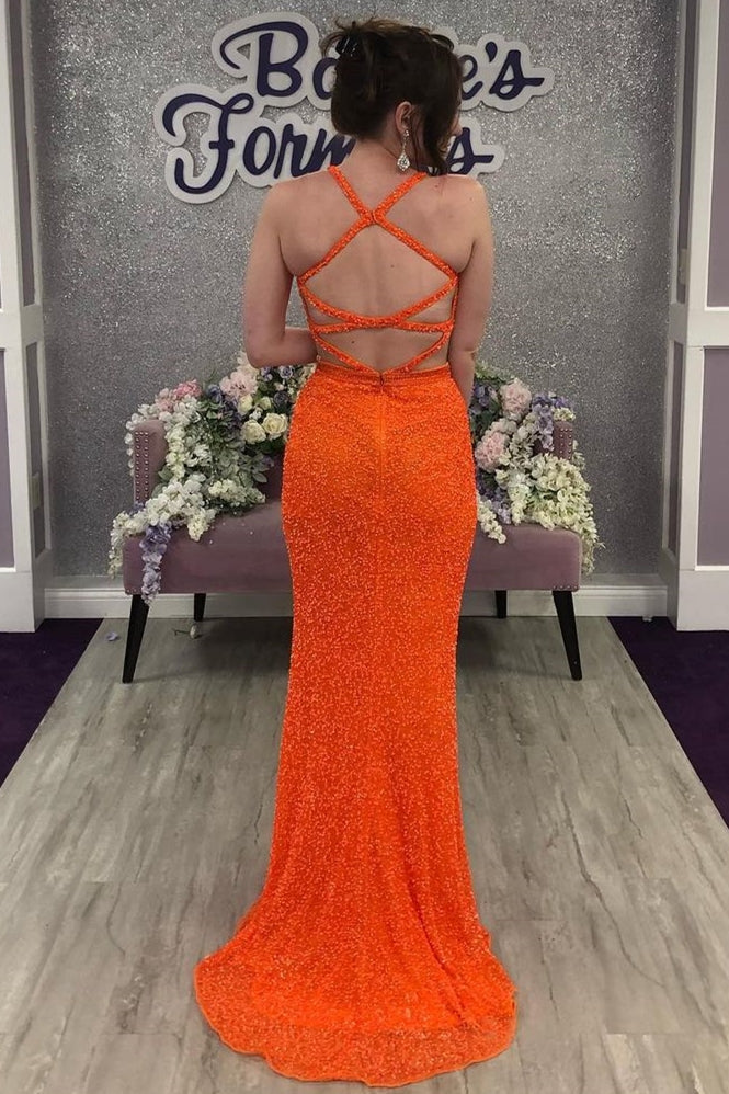 Sexy Orange Mermaid Side Slit Long Prom Dress