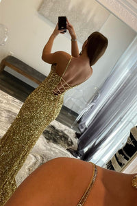 Straps Gold Sequin Mermaid Long Formal Dress