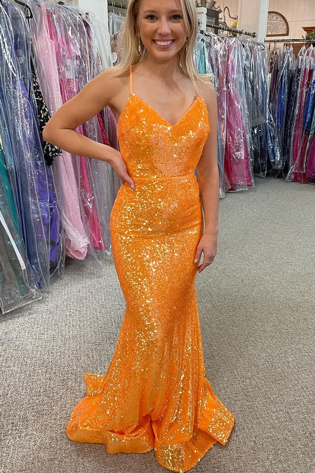 Sparkle Orange Sequin Mermaid Long Formal Dress – Dreamdressy