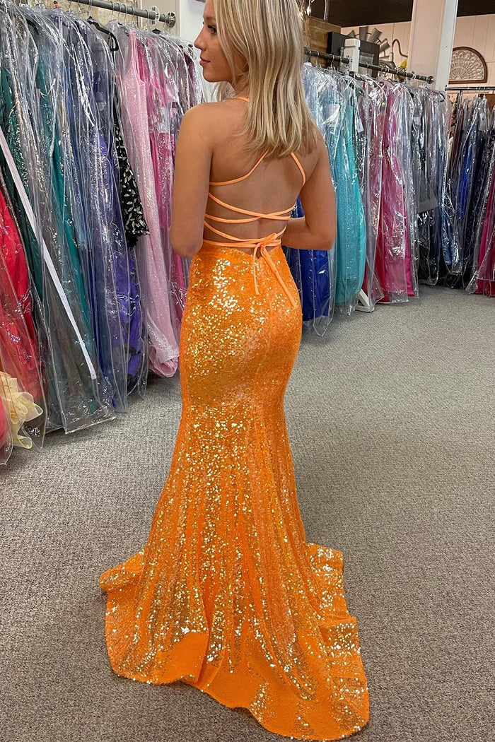 Sparkle Orange Sequin Mermaid Long Formal Dress